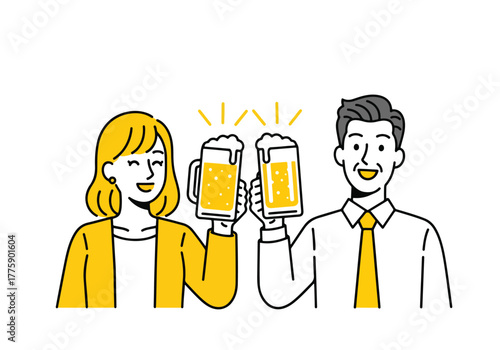 Cheers happy people clinking beer mugs celebration toasting drinks fun - Flat Vector Illustration. Colored vector illustration