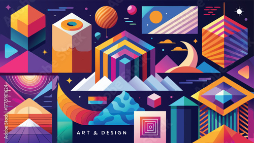 A collection of vibrant posters featuring the words art design abstract in various artistic styles and colors..eps