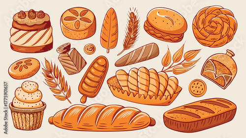 Vector illustration of a charming bakery shop with baked goods displayed in the window and a welcoming entrance..eps