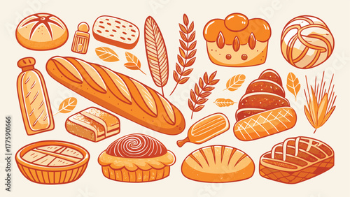 Colorful vector illustration depicting a bakery shop exterior with pastries and bread showcased in the window..eps