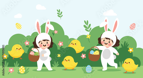 Two children in bunny costumes hunt for Easter eggs with cute chicks in a spring meadow.