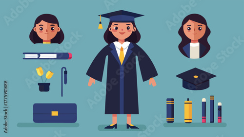 female graduate in a black gown and cap, standing confidently with a smile, symbolizing her educational success..eps