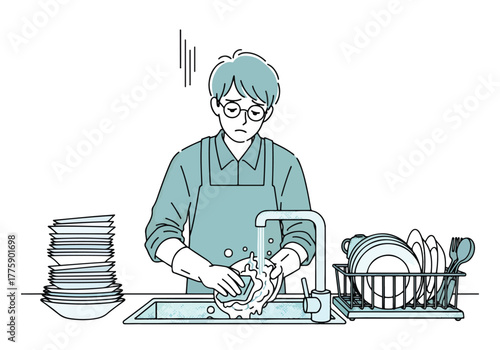 Person washing dishes frustrated with chore household tasks domestic work laundry day scene - Flat Vector Illustration. Colored vector illustration