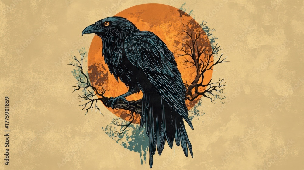 Obraz premium Raven perched, sunset backdrop