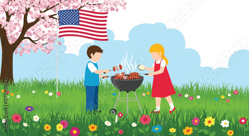 Children grilling food outdoors with an American flag and cherry blossoms in the background.