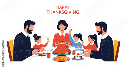Happy Thanksgiving illustration of a diverse family gathered around a dinner table with a turkey and festive food.