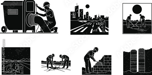 Silhouette vector illustration of construction workers performing roadwork, paving, bricklaying, wall repair, machinery operation, teamwork, safety, maintenance, engineering, and industry