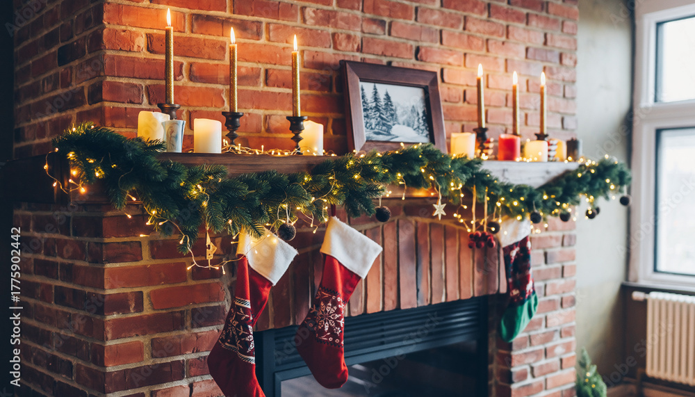 Naklejka premium Cozy Christmas Fireplace – Pine Garland & Stockings, Warm Background
