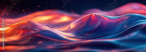 Elegant liquid glass ribbon flows with neon hues, creating a luminescent visual display in a mesmerizing atmosphere