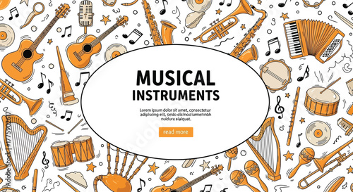 Hand Drawn Musical Instruments of Saxophone, Trumpet, Guitar on White