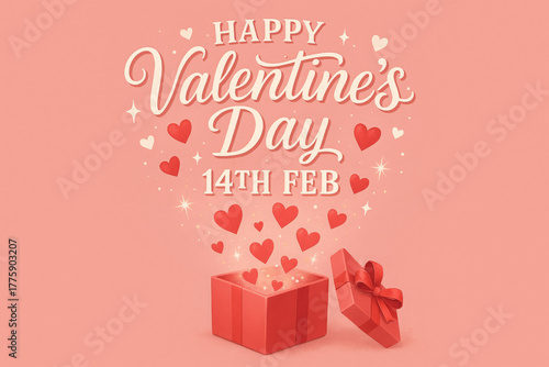 An open red gift box releasing a magical stream of glowing hearts with celebratory typography for the fourteenth of February on a pink background