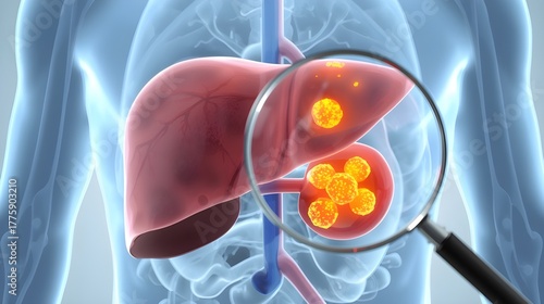 Medical illustration of a liver with cancer tumor cells magnified for education