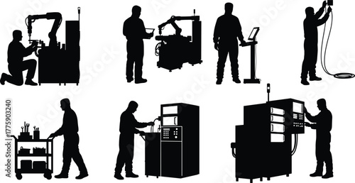 Silhouette vector illustration of factory workers operating machines, robotic arms, control panels, inspection, maintenance, automation, teamwork, safety, engineering, and industry