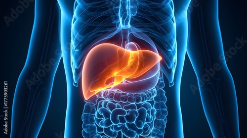 Anatomy of human body with liver highlighted in red color, organ system, internal organs, health, science, anatomical model, medical illustration, diagram of body