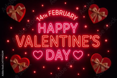 A simple and cheerful neon sign celebrating Happy Valentine's Day, adorned with heart icons and romantic gift boxes for the February fourteenth holiday