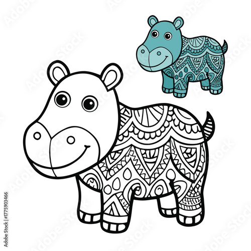 A zentangle-style hippopotamus coloring page featuring intricate patterns and flowing lines, perfect for relaxing creativity and mindful coloring for all ages.
