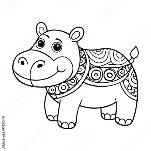 A zentangle-style hippopotamus coloring page featuring intricate patterns and flowing lines, perfect for relaxing creativity and mindful coloring for all ages.
