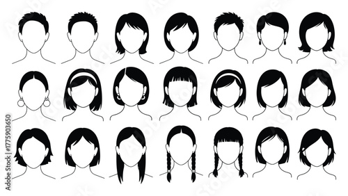 Female hairstyles and head shapes silhouette vector set , presented in black and white, Hand drawn black and white hairstyles and faces for women and girls collection, line-art illustrations