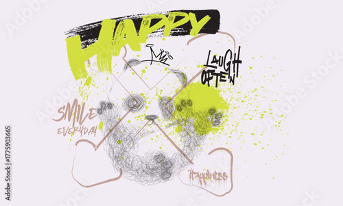 happy grafitti slogan with panda doll spray painted vector illustration, panda hand drawn sketch,Doodle style, Continuous line drawing of panda, animal continuous line drawing.eps