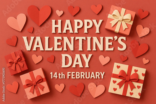 A delightful paper art composition celebrating Valentine's Day, featuring festive greetings surrounded by romantic hearts and gift boxes