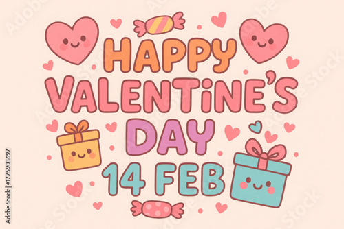 A simple and cheerful Valentine's Day composition featuring cute kawaii hearts, smiling gift boxes, and candy for a festive February 14 greeting
