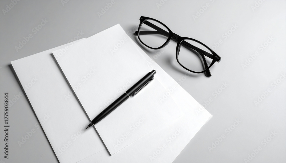 Fototapeta premium Workspace with paper, pen, and glasses for work.