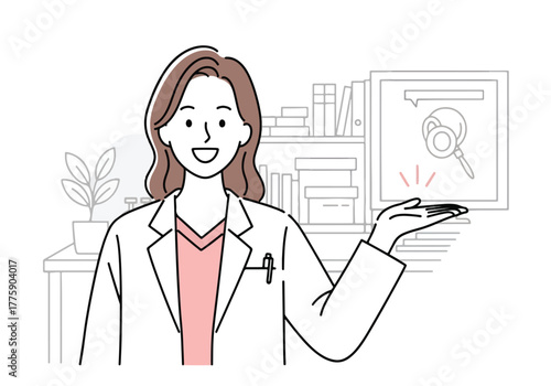 Friendly female doctor presenting medical information with a smile and open hand - Flat Vector Illustration. Colored vector illustration