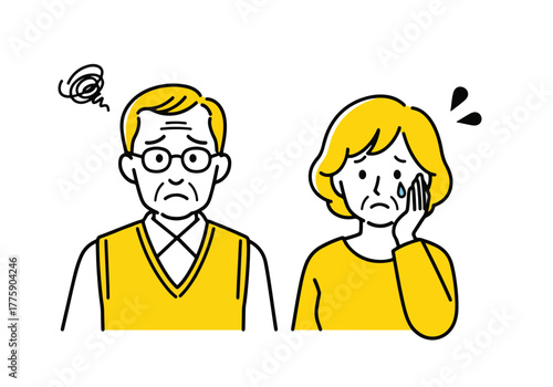 Elderly couple expressing worry and concern with hand gestures and sad expressions - Flat Vector Illustration. Colored vector illustration