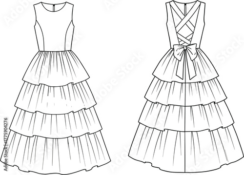 Elegant tiered ruffle sleeveless evening gown fashion flat, long layered dress with bow detail technical sketch front and back view