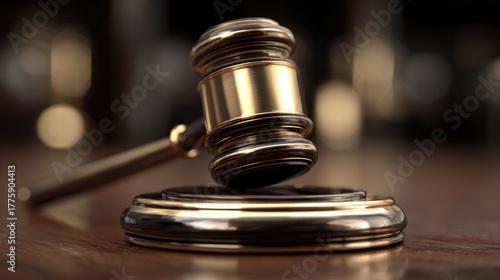 A wooden judge's gavel resting on a wooden desk.