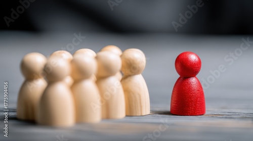 A red wooden figure standing out from a group of wooden figures.