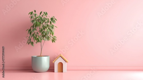 A pink room with a potted plant and a small house model on a pink wall.