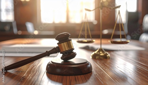 Symbolic depiction of legal justice, featuring gavel and scales on a wooden table