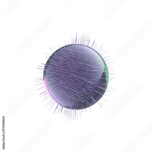Futuristic concept of a digital data node or AI core, represented by a glowing purple orb with radiating energy lines and an intricate internal network
