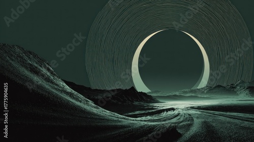 A surreal, dark, circular tunnel with a green, ethereal light at the end, surrounded by a misty, mountainous landscape.