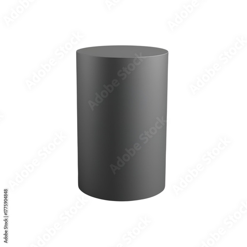 A sleek, minimalist dark gray cylinder stands vertically against a pristine white background, showcasing its uniform surface and fundamental geometric form, ideal for various design applications