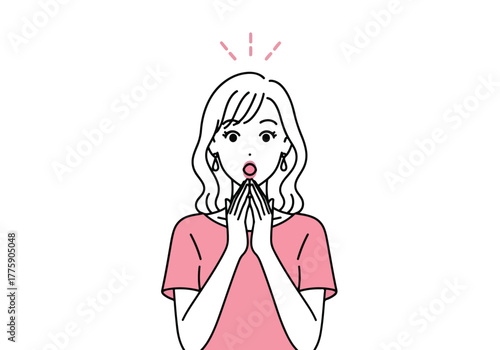 Surprised young woman with hands covering mouth expressing shock and amazement - Flat Vector Illustration. Colored vector illustration
