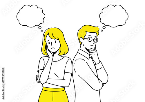 Young couple thinking and confused with blank thought bubbles above heads - Flat Vector Illustration. Colored vector illustration