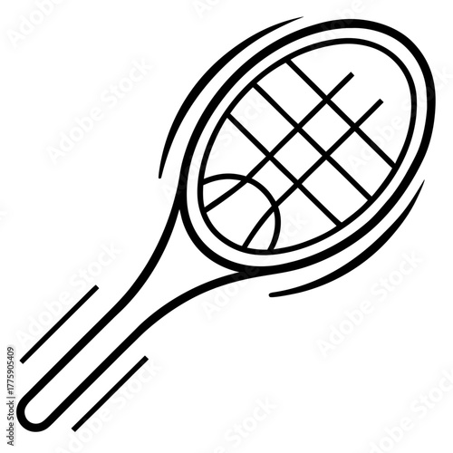 Tennis racket with ball in motion outline for sports equipment designs black