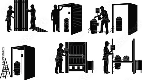 Silhouette vector illustration of industrial workers operating cylindrical equipment, using control panels, testing systems, monitoring processes, maintenance, safety, engineering, and technology