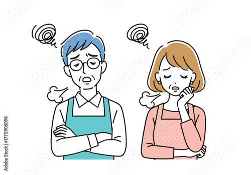Frustrated couple worrying about finances with sweating heads and concerned expressions - Flat Vector Illustration. Colored vector illustration