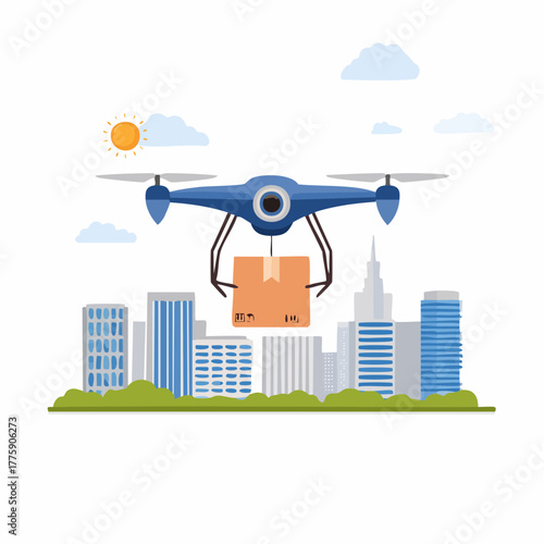 Blue Delivery Drone Carrying Package Over Cityscape Illustration.
