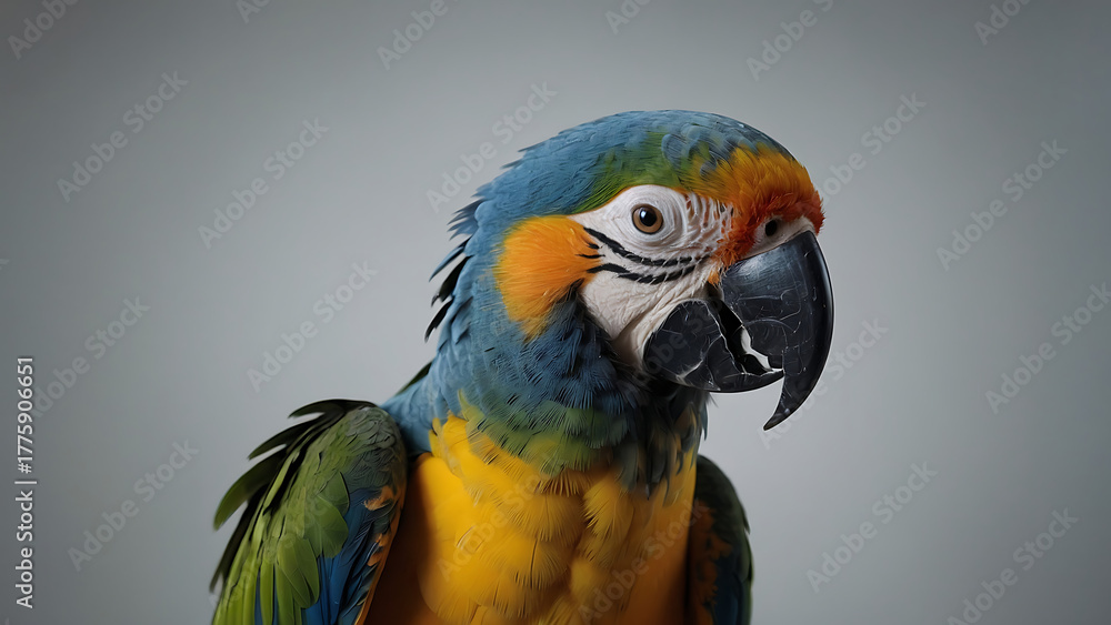 Fototapeta premium Colorful macaw parrot close-up portraits showing vibrant feathers, tropical exotic bird with blue, green, yellow, and orange plumage in natural and studio backgrounds