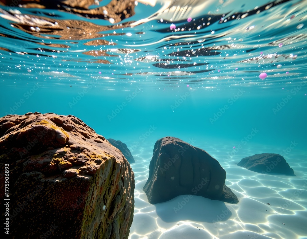 Fototapeta premium Serene Underwater Scene with Rocks and Sunlit Water