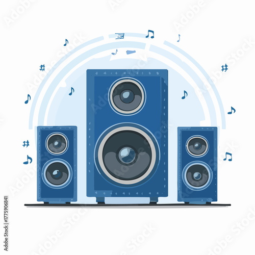 Blue Speaker System with Music Notes Audio Equipment Sound System Illustration.
