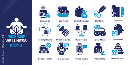 Wellness icon set. Containing selfcare, nutrition, fitness, exercise, yoga, and more. Solid vector icons collection. Vector illustration.