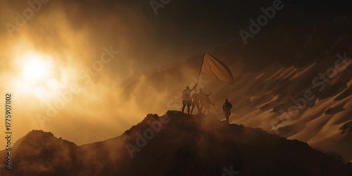 A team silhouetted atop a mountain peak holding a flag together, bathed in golden light, clouds swirling below them, symbolizing triumph and teamwork. 