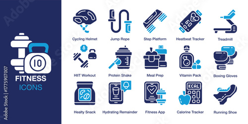 Fitness icon set. Containing cardio, endurance, aerobic, anaerobic, hiit, and more. Solid vector icons collection. Vector illustration.