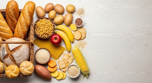 Various food items on a wooden table, including bread, pasta, potatoes, bananas, and corn on the cob.