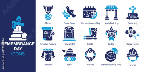 Remembrance Day icon set. Containing sacrifice, honor, tribute, ceremony, wreath, silence, and more. Solid vector icons collection. Vector illustration.